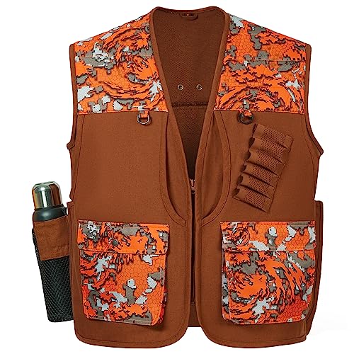 BASSDASH Upland Game Field Water-Resistant Bird Hunting Vest with Multi Pockets Men Women FV11 - color: Brown/Flame Camo, size: XX-Large