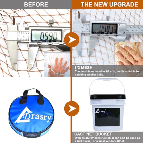 Drasry Saltwater Fishing Cast Net for Bait 3/8 1/4 or 1/2 with Heavy Sinkers Fish Trap Throw Net. Size 3ft/4ft/5ft/6ft/7ft/8ft/9ft/10ft Radius Freshwater Nets - size: 7FT (210cm) Radius, style: Lead Sinkers-0.5 in Mesh-tire Lines