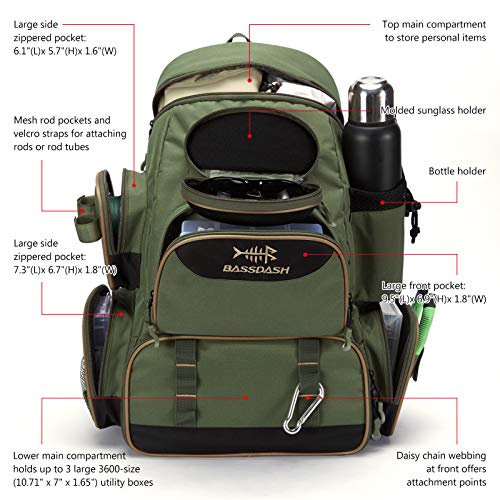 BASSDASH Fishing Tackle Backpack Water Resistant Tactical Bag Soft Tackle Box with Rod Holder and Protective Rain Cover - color: Green Backpack [3600] With 3 Trays