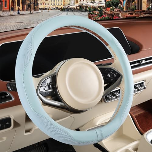 Nappa Leather Blue Steering Wheel Cover, Advanced Microfiber Leather Non-Slip Breathable Fabric, Warm in Winter and Cool in Summer, Universal 15 inch - color: Blue, size: Round-M[14.5''-15'']