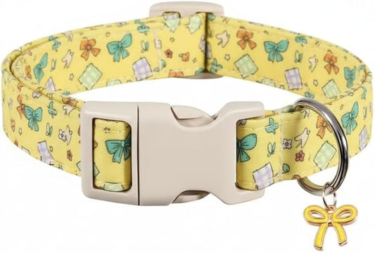 Bow Dog Collar for Large Dogs, Cute Dog Collar with Bow Print and Charm, Pet Collar with Soft Fabric and Quick Release Buckle, Adjustable for Extra Small, Small, Medium & Large Dogs