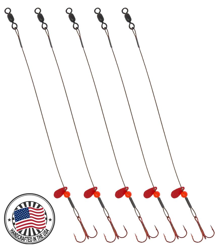 Tooth Shield Tackle Ice Fishing Tip Up Leader Rig (90 lb) Ice Fishing Sucker Walleye Pike Musky Predator Rig (5 Pack) (Camo/Red Bead/Flipper) Made in the USA - size: Hook Size: 2