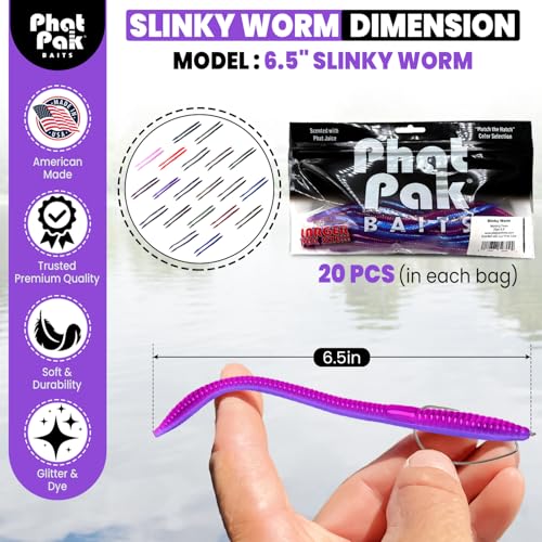 Phat Pak Baits - Slinky Worm Zoom Trick Worm Style Straight Tail Floating Worm Bass Fishing Lure 20ct 6.5" - color: Green Pumpkin Candy