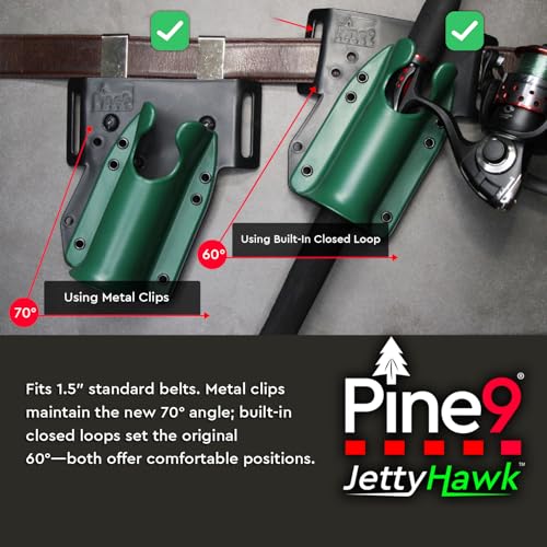 JettyHawk Fishing Rod Hip Holster, Hands-Free Quick-Draw Holder, Fits 1.5-2" Pole, for Spinning, Baitcaster, Centerpin & Surf Rods, Wading & MOLLE Belts - color: Purple w-Black Belt Clip