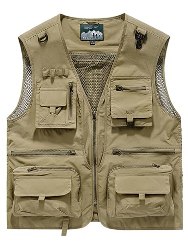 Men's Lightweight Mesh Fishing Vest Utility Outdoor Multi-Pocket Hunting Cargo Vest - color: Khaki, size: 3X-Large
