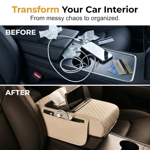 5 in 1 Car Center Console Cover, Car Armrest Cover with Cup Holder, Storage Pockets, Tissue Box Slot, Phone Holder, Car Interior Accessories (White) - color: White