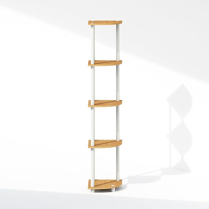 Furinno Turn-N-Tube Storage Shelves, 5-Tier Book Shelf, Corner Shelf, Toolless Open Shelves, for Organization and Storage, Living Room, Home Office, Hallway, Bedroom, Beech
