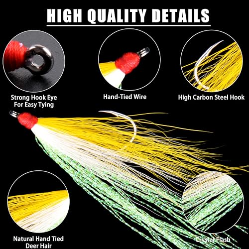 Bucktail Teasers Fishing Hooks Saltwater Flounder Rig Bucktail Mylar Teasers Inserted Fishing Teaser Hooks for Jigs Spoons Lures Hi/Lo Rig Striped Bass Bluefish Flounder Surf Bottom Fishing - color: Yellow-white, size: 6pcs