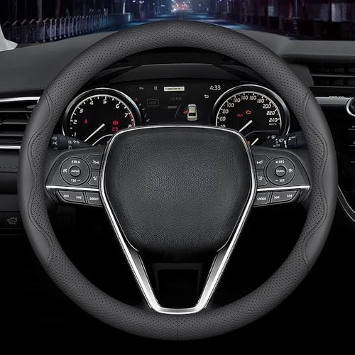 LKWLIKEI Nappa Premium Leather car Steering Wheel Cover, Non-Slip, Breathable, Universal 15 inches - color: Black-A