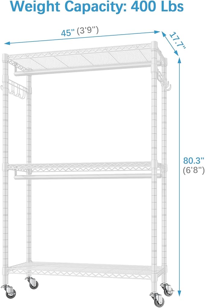 VIPEK R2 Plus Rolling Garment Rack 3 Tiers Adjustable Wire Shelving Clothes Racks with Wheels, Freestanding Wardrobe Storage Rack Heavy Duty Metal Clothing Racks for Hanging Clothes, White