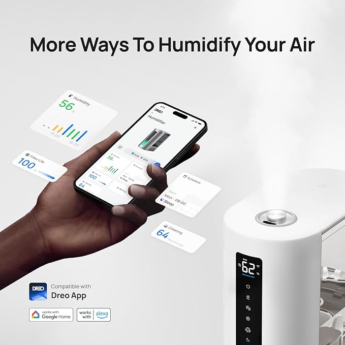 Dreo 6L Humidifiers for Bedroom, Smart Warm & Cool Mist for Large Room, 60Hr Quiet Runtime for Baby, Plant, Humidity Sensor, Indicator Light, 12H Timer, Google/Alexa, White