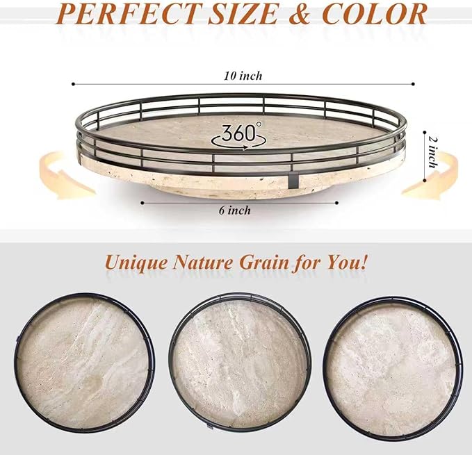 Italian Natural Travertine Lazy Susan Turntable for Table Top – 10” Round Marble Tray Organizer for Bathroom, Vanity, Dining Table, Kitchen Countertop & Bar, Luxury Stone Serving Tray with Black Frame