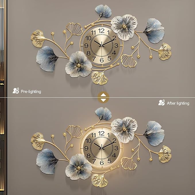Large Metal Wall Clocks with Led Light, Silent Creative Decorative Clock