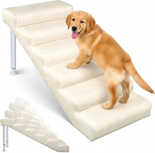 Adjustable Dog Stairs & Ramp for Cats and Dogs, 6-Step Pet Stairs for High Beds and Couch, 21.2"–24.4" Height, Linen Faux Leather, Waterproof, Scratch-Resistant, Non-Slip Indoor Pet Ramp