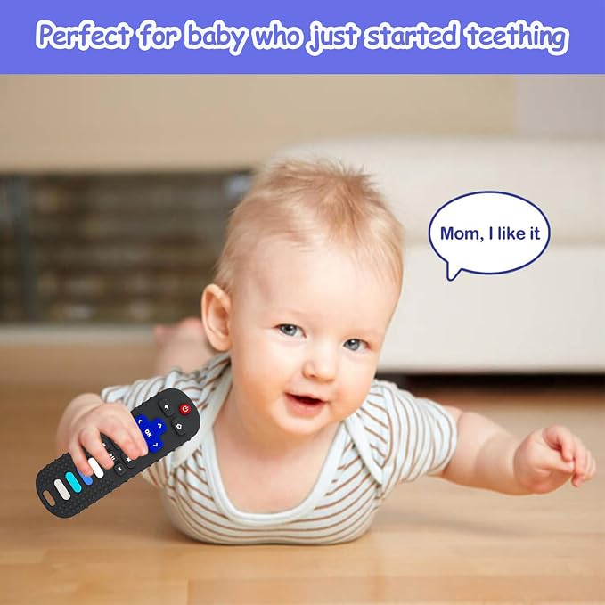 ROBBEAR Baby Teething Toys, Food Grade Silicone Teether for Babies 3 6 12 18 Months, TV Remote Shape Toddlers Chew Toys, Freezer BPA Free (Black+Blue)
