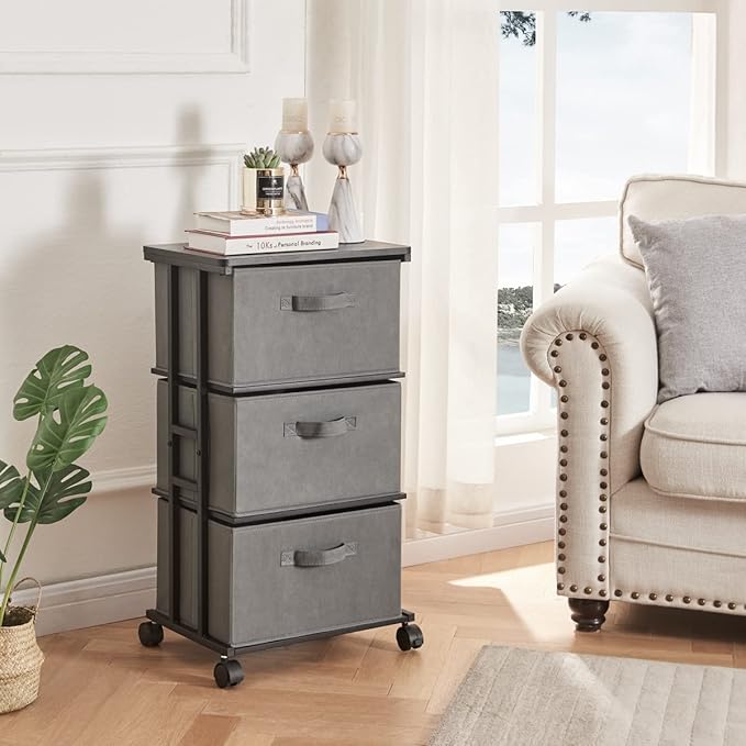 MAX Houser Dresser Tower with 3 Drawers for Bedroom, Fabric Storage Organizer Unit, Chest of Drawers with with WoodTop, Small Vertical Storage for Guest Room, Closet, Entryway, Nursery (Grey)