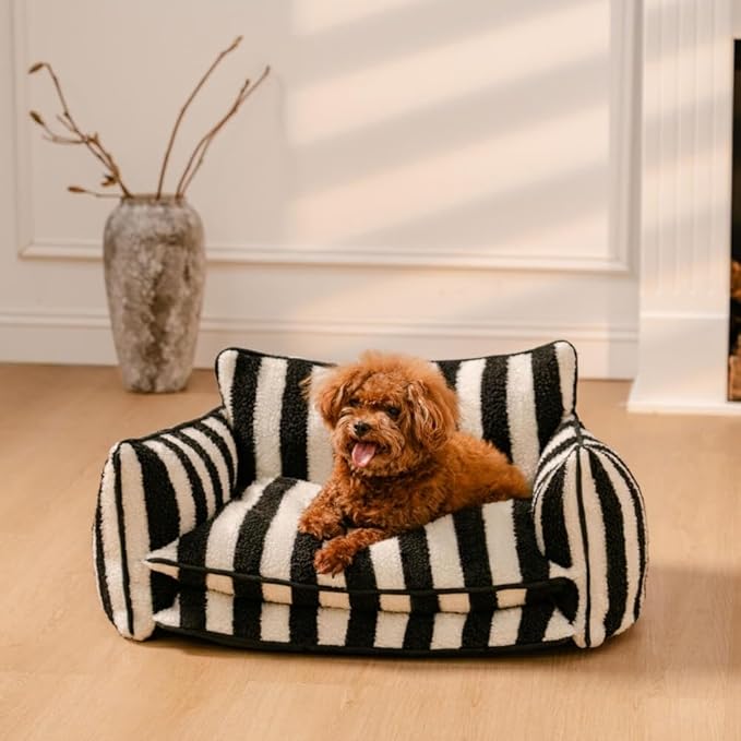 Lazy Holiday Plush Cozy Dog & Cat Sofa Bed, Teddy Velvet Dog Bed, Trendy Striped Faux Lambswool Double Layer Dog & Cat Sofa Bed Dogs Sleeping Mat for Medium Small Dogs & Cats (Black and White,M)