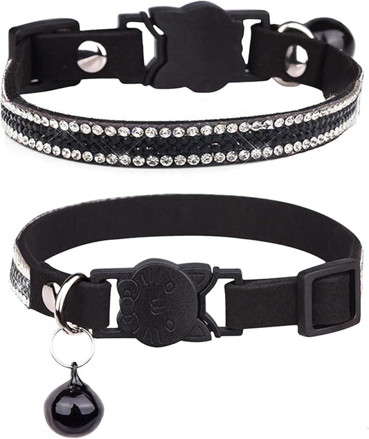 Solmoony Breakaway Cat Collars with Bell,Adjustable Safe Kitten Collar,Cat Collars for Girl Cats with Rhinestone Soft Velvet (Black2)