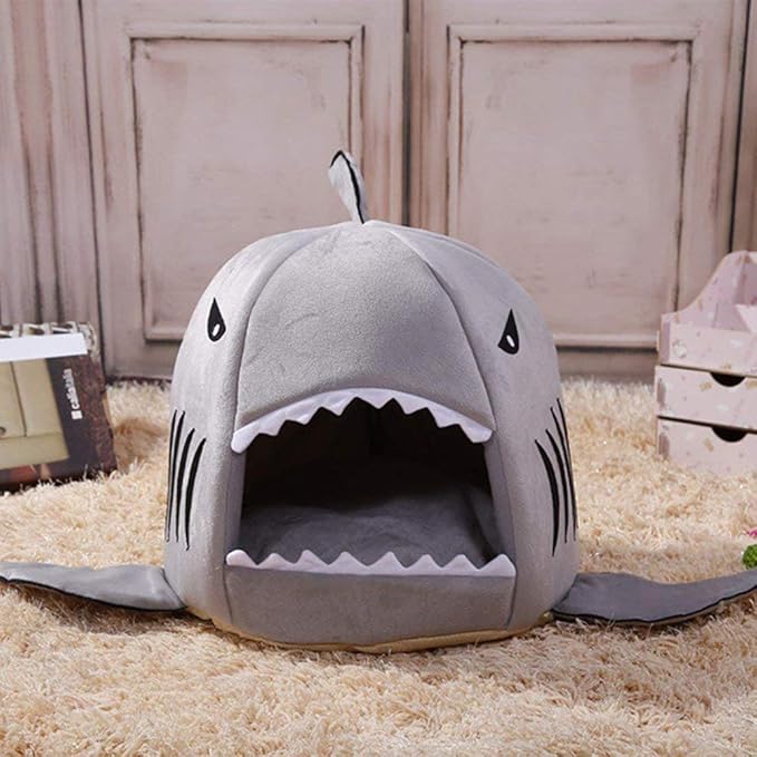 Shark Shaped Pet Dog Puppy Bed Warm Cat Bed House Nest for Autumn Winter Grey XS
