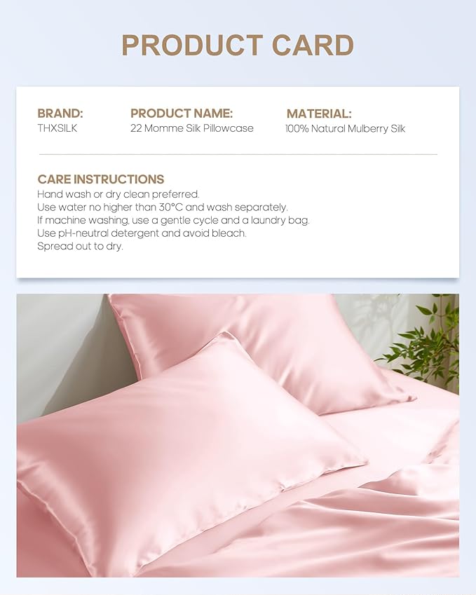 THXSILK Set of 2 Mulberry Silk Pillowcases for Hair and Skin, 22 Momme, Grade 6A+ Silk Dual-Sided, Pillow Cases with Hidden Zipper, King Size 20"x36", 2pcs, Light Pink