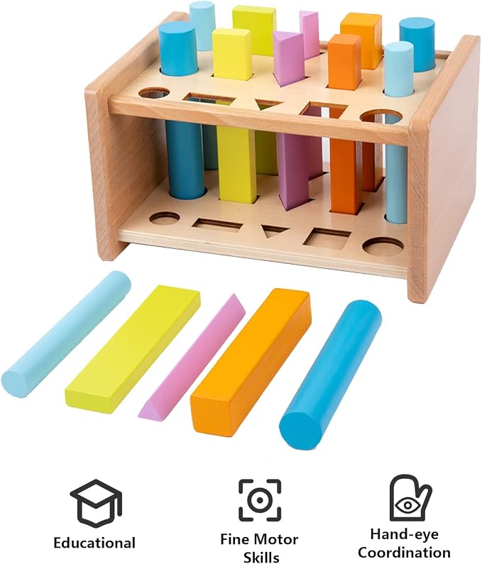 Montessori Toys for 1 2 3 Years Old Wooden 3D Shape Matching Toys,Wooden Posting Stand Montessori Color Sorting Sticks Game-Cognitive Shapes Colors,Educational Sensory Toy for Boys Girls Gift（15 Pcs）