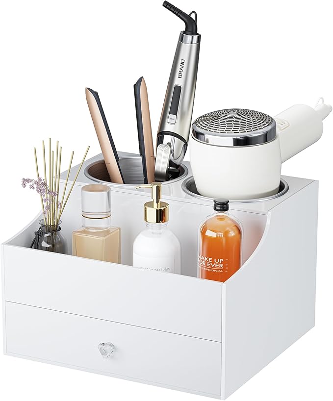 Hair Tool Organizer, Acrylic Hair Blow Dryer Holder Stand with Drawer for Straightener and Curling Storage, Bathroom Vanity Countertop Organization for Makeup Accessories - White
