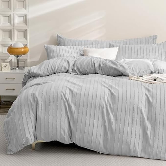 JELLYMONI Duvet Cover Queen Size Light Grey - 3PCS Boho Striped Duvet Cover Set Polyester Tufted Bohemian Textured Comforter Cover 90×90in with Corner Ties & Zipper and 2 Pillowcases