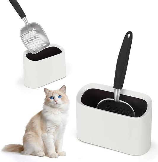 Heavy-Duty Cat Litter Scoop with Holder, Metal Cat Scooper and Detachable Trash Can,Aluminum Kitty Poop Shovel Captures All Clumps,Speed Sifter Litter Box Scooper and Caddy with Lid(White)
