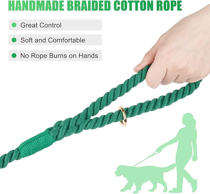 Dog Leash 5 FT Handmade Braided Cotton Rope Leashes for Small Medium and Large Dogs, New Golden Heavy Duty Metal Clasp, Dark Green