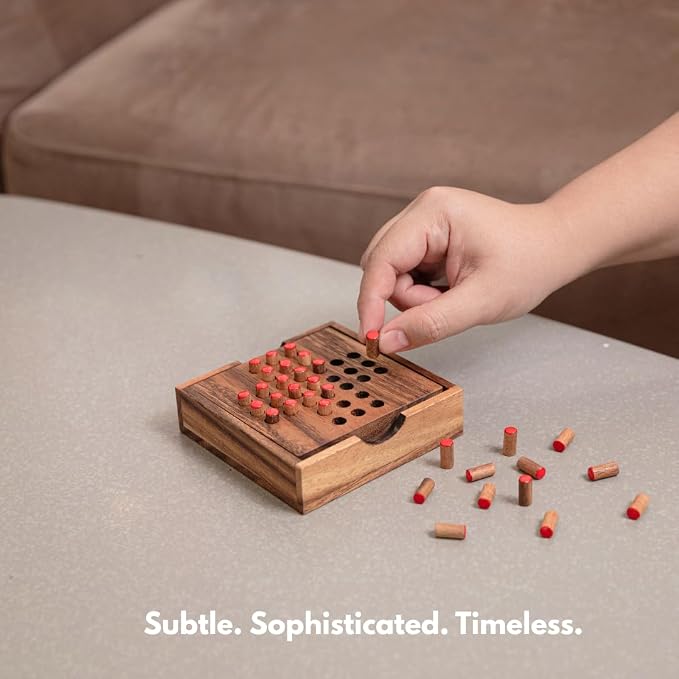 Wood Solitaire Game Classic Peg Solitaire Board Premium Wooden Design Single Player Brain Teaser Strategy Puzzle for Brain Training Tabletop Indoor (Jump All but one)