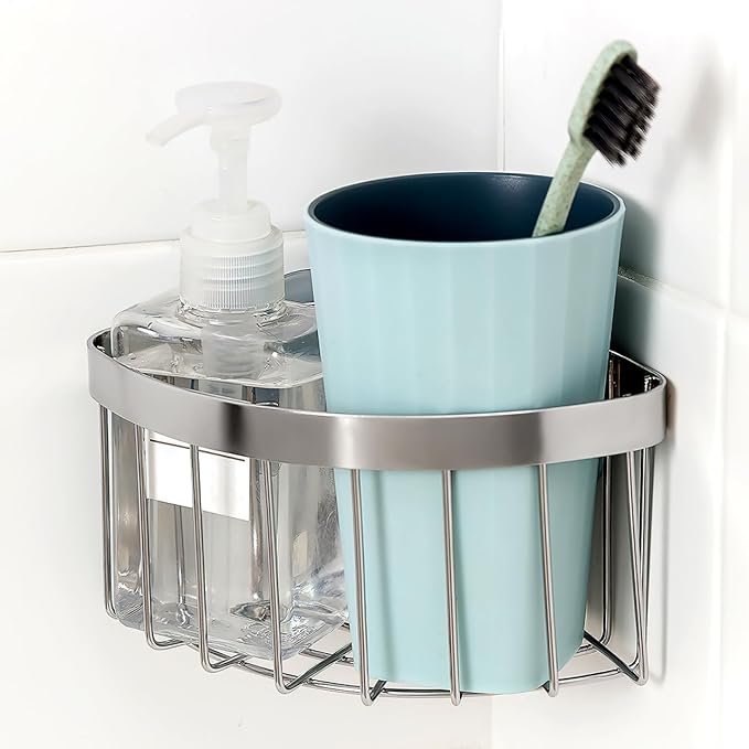 NUOBESTY Sponge Holder for Kitchen Sink, Corner Sink Caddy with Removable Suction Cup, 304 Stainless Steel Organizer Rack Holder for Soap, Brush Sponge, Bathroom, Kitchen Essentials and Gadgets
