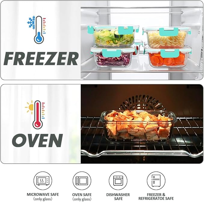 VERONES 12 Packs Glass Food Storage Containers Set, Airtight Glass Lunch Containers, Glass Meal Prep Containers with Lids,Exclusive of BPA, for Microwave, Oven, Freezer & Dishwasher Friendly,Green