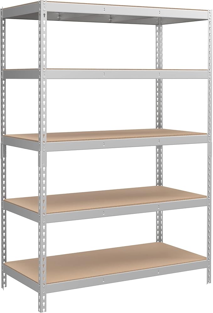 SONGMICS 5-Tier Storage Shelves, Load 2310 lb, Garage Storage, Boltless Assembly, Adjustable Shelving Unit, 23.6 x 47.2 x 70.9 Inches, for Study Shed Basement, Silver and Natural Beige UGLR600E01