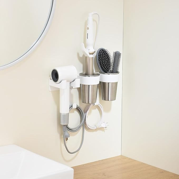 Hot Tools Organizer, Hair Tool Organizer Wall Mount Aluminum Alloy, Space-Saving Curling Iron Holder for Vanity & Bathroom with Stainless Steel Cups White CHOCHOYAH