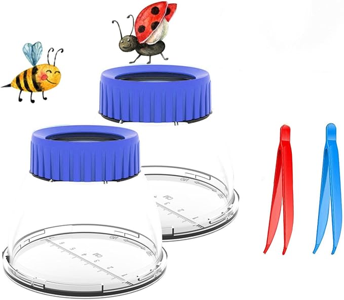 Bug Catcher 5X Magnifying Insect Observation Kit Built-in 7cm Ruler with 2 Slant Tweezers Bug Viewer Cage for Kids Science Nature Exploration (2 Pack Blue)