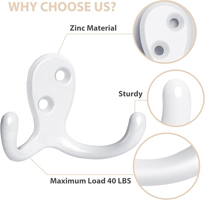 Homanu 34 Pack Coat Hooks, Heavy Duty Double Prong Coat Hooks Wall Mounted