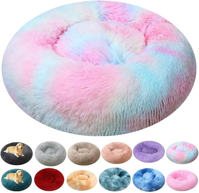 Small Dog Bed Donut Cat Bed, 20 Inch Round Fluffy Dogs Beds for Small Dogs and Cats, Anti-Anxiety Donut Dog Cuddler Bed, Washable Pet Bed for Medium Cats (Multi Color)