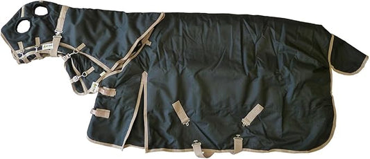 AJ Tack 1200D Waterproof Winter Horse Blanket with Hood - 400g Heavyweight Turnout with Fleece Collar, Shoulder Gussets & Tail Flap - Black 84"