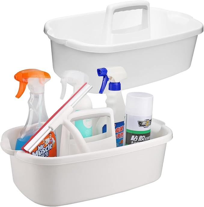 Cleaning Caddy Organizer with Handle, White Plastic Bucket for Cleaning Supplies Products, Cleaning Tool Storage Tote, 2 Pack