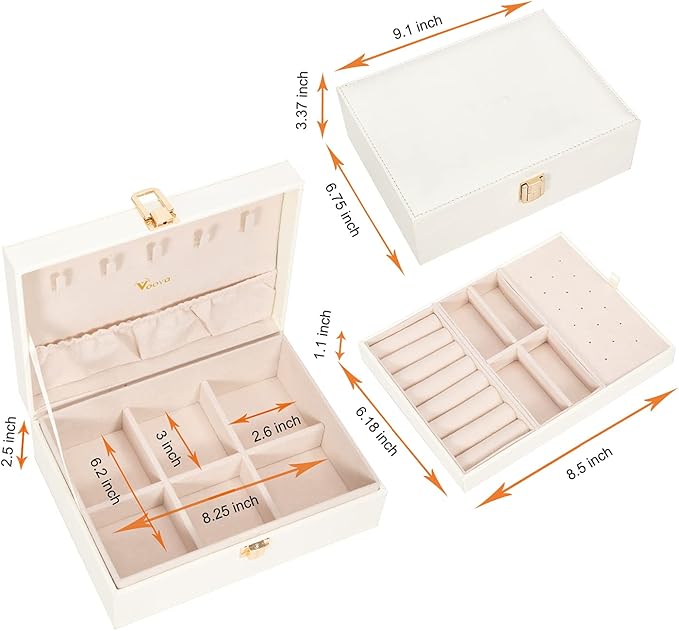 Voova Jewelry Box Organizer for Women Girls, 2 Layer Large Men Jewelry Storage Case, PU Leather Display Jewellery Holder with Removable Tray for Necklace Earrings Rings Bracelets, Vintage Gift, White