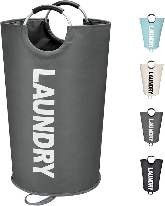 90L Large Laundry Basket, Freestanding Tall Clothes Hamper, Collapsible Laundry Bag, Dark Grey