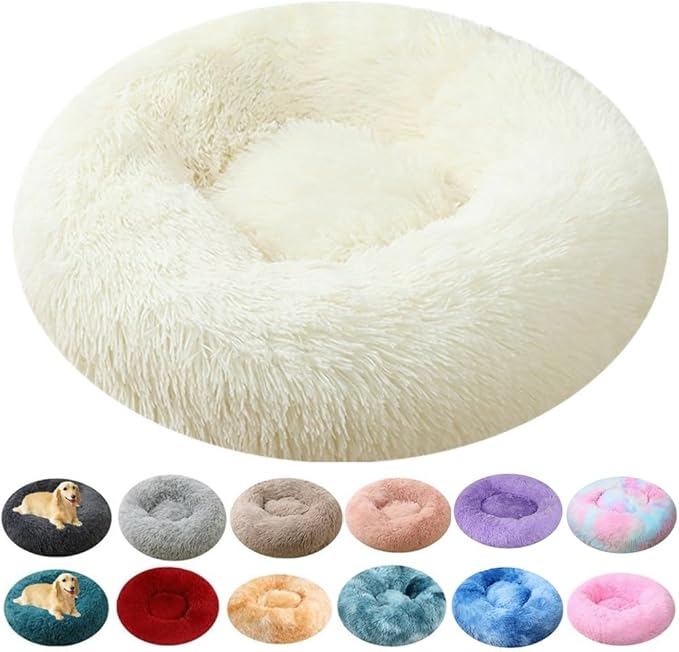Large Calming Dog Bed, 40 Inch Anti-Anxiety Donut Dog Cuddler Cat Bed, Warming Cozy Soft Dogs Round Bed, Fluffy Faux Fur Machine Washable Pet Cushion for Medium Large Dogs & Cats (White)