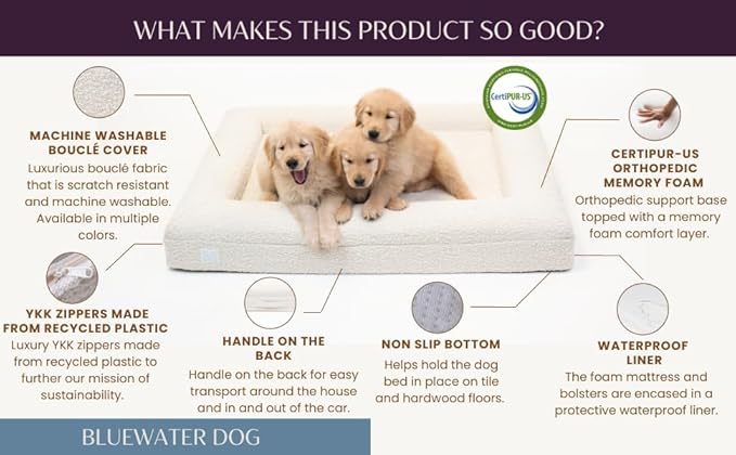 Luxury Boucle Orthopedic Memory Foam Dog Bed with Waterproof Liner and Machine Washable Cover with YKK Zippers (X-Large, 61" L x 44" W x 7" Th, Sand)