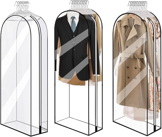 10” Gusseted Clear Garment Bags, 40” Hanging Suit Bags for Closet Storage - Protect Clothes, Suits, Coats, Dresses - 3 Pack (60 inch)