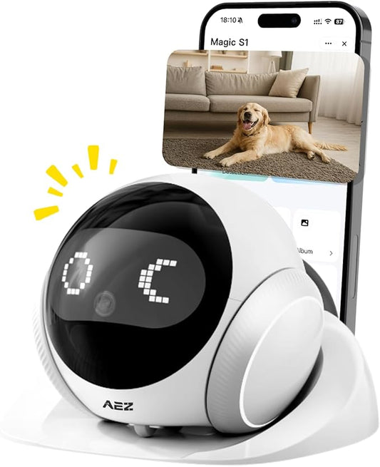 AEZ Pet Camera 1080P HD Lens Cat/Dog Camera Robot,Indoor Movable with Auto-Recharge, 2-Way Audio,Blinky Bot with Night Vision,Smart App Control for Cats/Dogs/Baby/Elderly (SD/Cloud Storage)