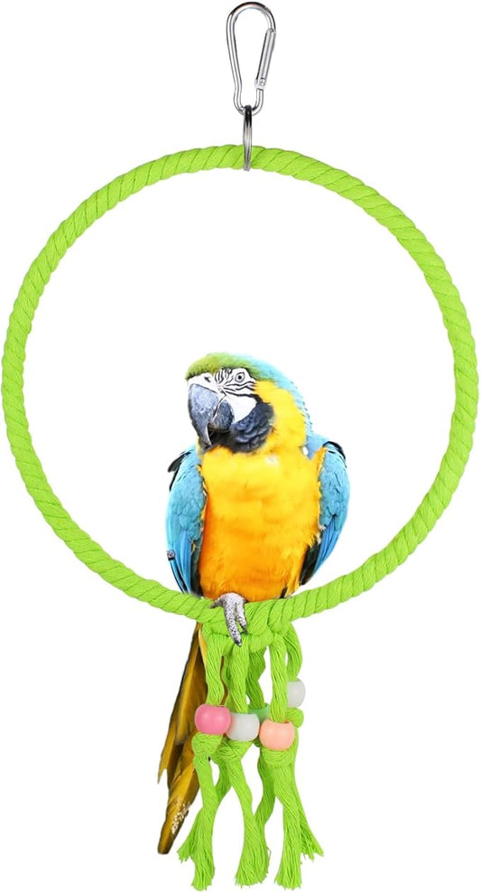 Bird Swing, 20 CM Diameter Hanging Parrot Swing with Colourful Beads, Swing Parrot Toys Cotton Rope Ring Bird Cage Toys for Budgie, Cockatiel, Canary, Parakeet, Finch (Green)