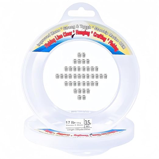 Aboda Clear Fishing Wire Dia. 0.2 mm to 1 mm 656ft Fishing Line for Crafts Hanging Beading Clear String for Hanging Decorations Balloons Garlands with Crimp Sleeves 17lb Test