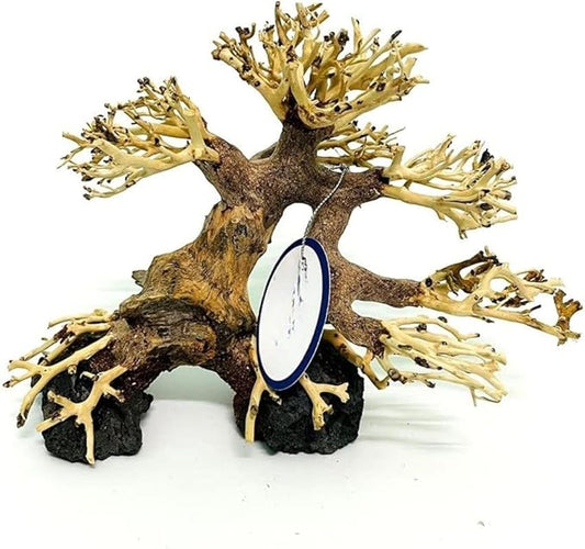 Bonsai Driftwood Aquarium Tree (8in H x 6in L), Handcrafted Fish Tank Decoration | Easy to Install Driftwood Bonsai for Fish Tank | Decor Aquascape Wood (Bonsai Tree On Rocks)