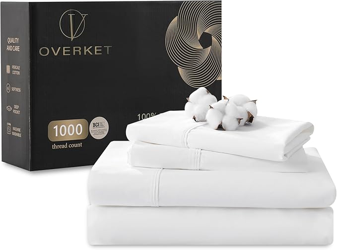 100% Egyptian Cotton Sheets King Size 1000 Thread Count Sateen Weave Soft Breathable 16-Inch Deep Pocket 4PCS（King,White）