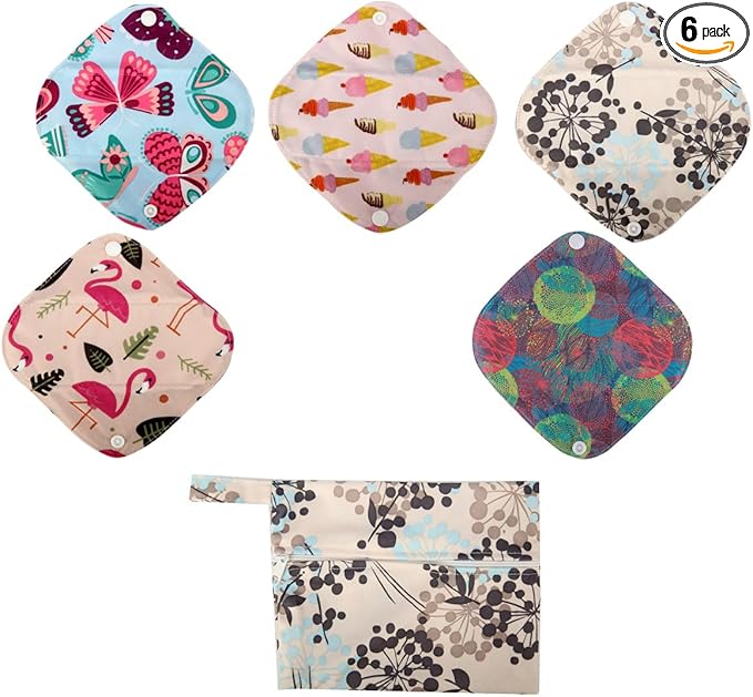5 Cloth Menstrual Pads 1 Wet Bag XS Panty Liners Reusable Washable (Silver Foliage, XS Panty Liners)